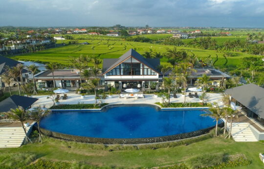 Villa Tirtha Bayu Estate from above with views of Canggu beach area in background