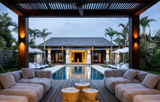 seminyak luxury villa gendang with swimming pool views and exteriors at dusk