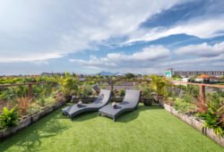 Rooftop area of villa with view of Mt Agung in Bali