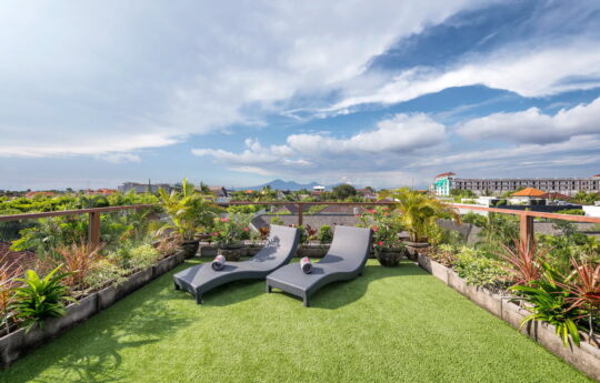 Rooftop area of villa with view of Mt Agung in Bali