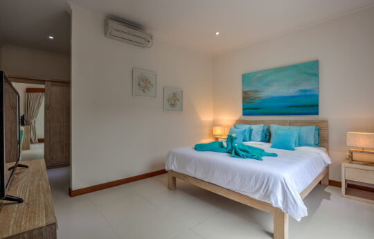 Modern bedroom with king bed and two blue pillows