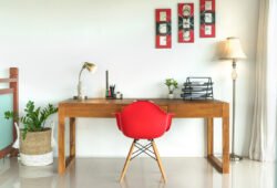 Writing table with red chair