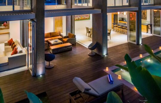 Living area views of Villa Damai at night