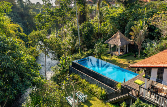 swimming pool views of villa lepak in ubud from above with jungle in background