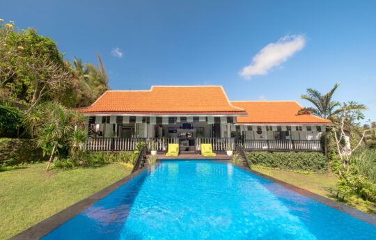 View of villa exterior of villa lepak and swimming pool with large garden area