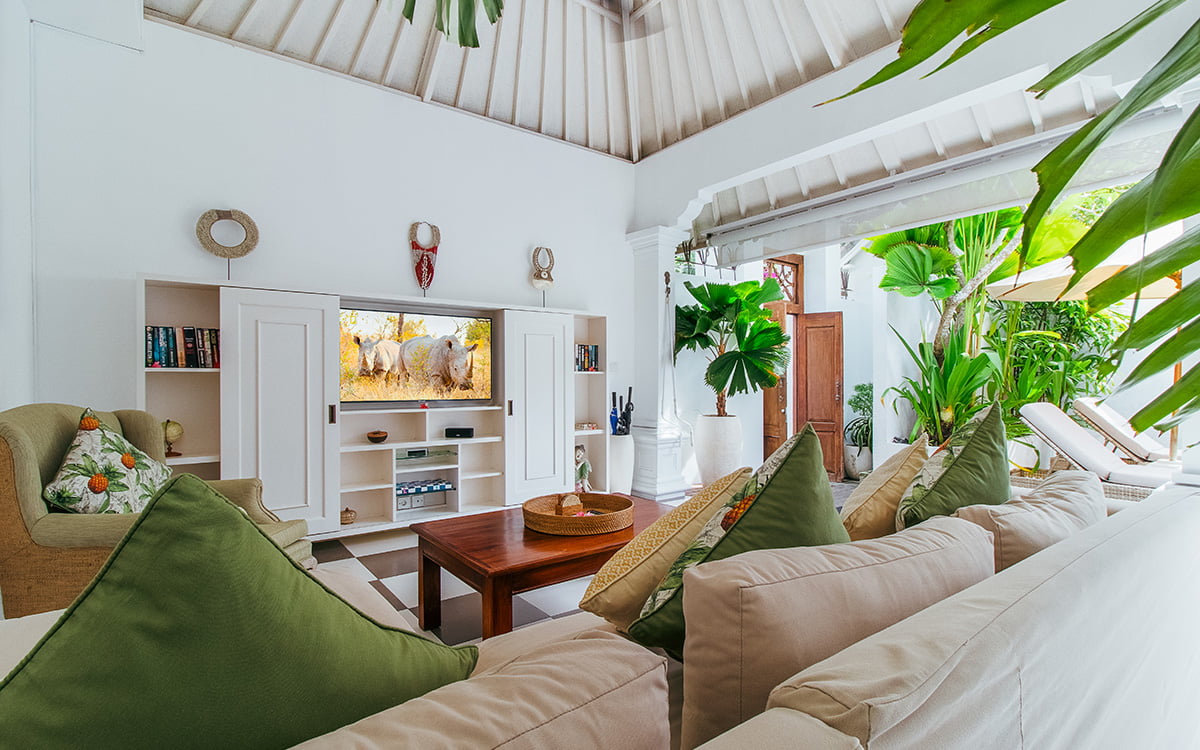 Plush sofa in living room looking at flat screen tv
