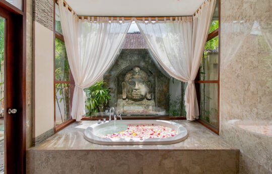 Bathtub in ensuite bathroom with rose petals