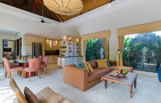 Open plan living areas with sofa and dining table