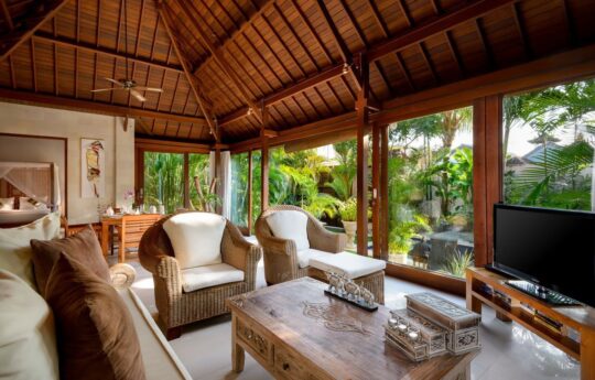 Cosy living area with tv and garden views and sofa chairs