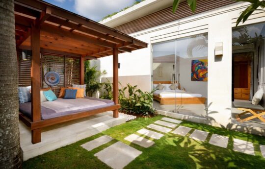 Gazebo by pool for relaxation