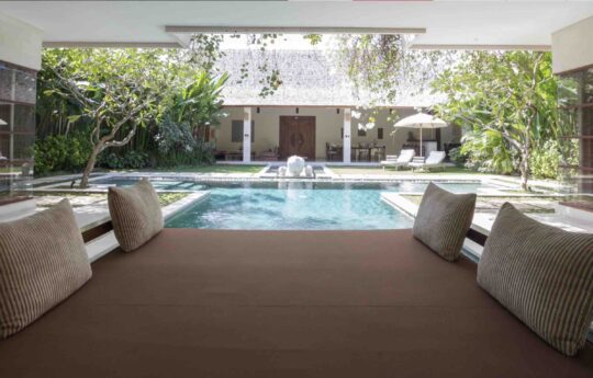 view of swimming pool from gazebo