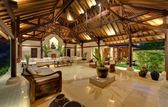 Large open plan joglo style villa with view of living and dining areas