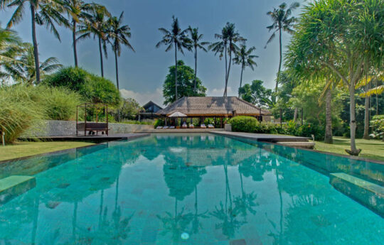 Swimming pool view with villa exterior and palm tress