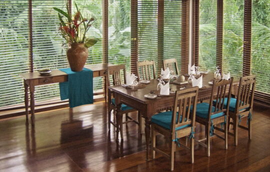 Dining area of villa with views of jungle