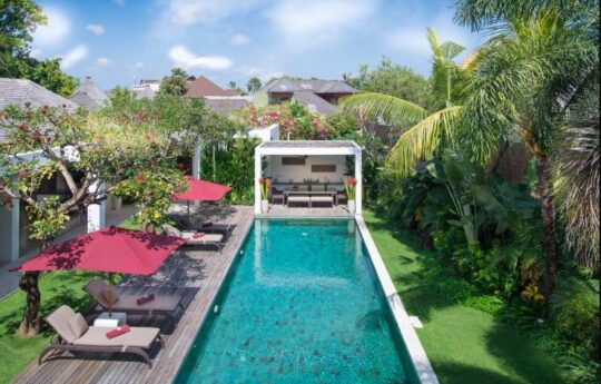 Full view of swimming pool during day with day beds