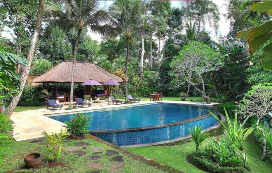 Swimming pool & garden area of villa with outdoor gazebo