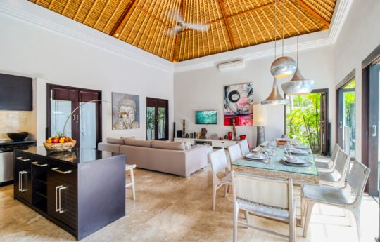 Modern villa interiors with kitchen and living areas