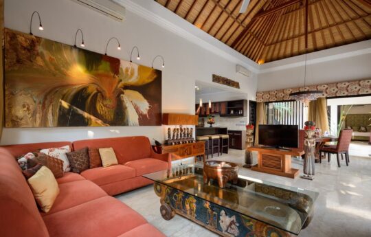 Photo of internal space of living room of villa with sofa and coffee table