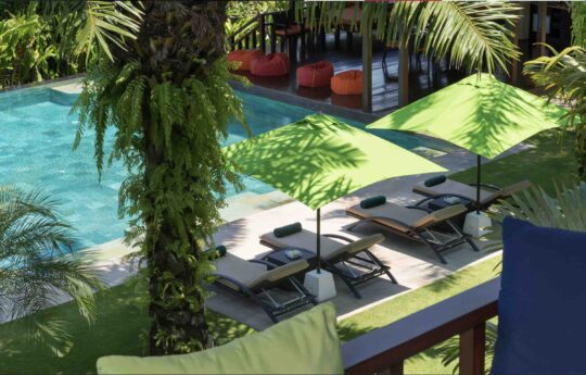 view of swimming pool and day beds on sunny day