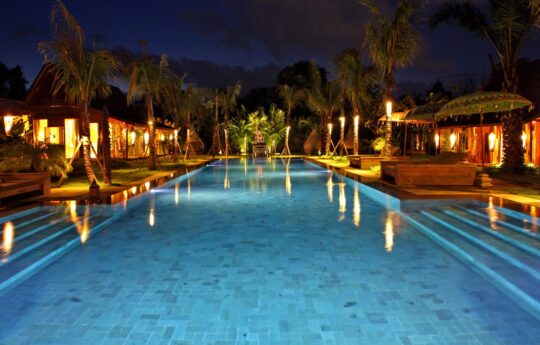umalas villas – villa kayu, swimming pool at night villa kayu umalas villas