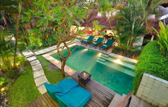 Beanbags, day beds and swimming pool views of Villa Surin from above