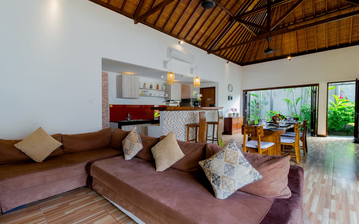 Sofa in living room with garden in background